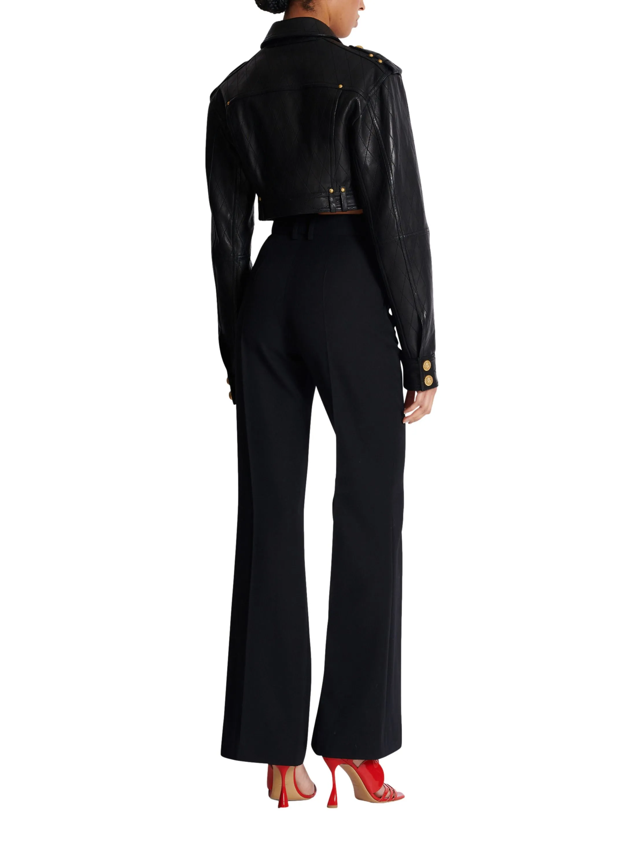 BALMAIN  Veste courte en cuir surpiqué - Noir