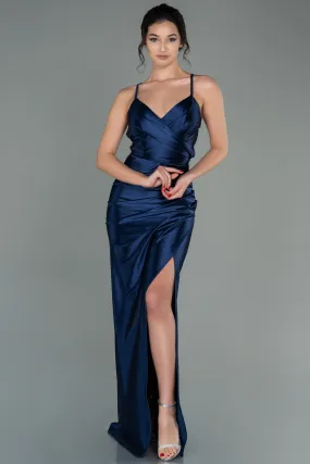 Robe de Soirée Longue Satin Bleu Marine ABU2800