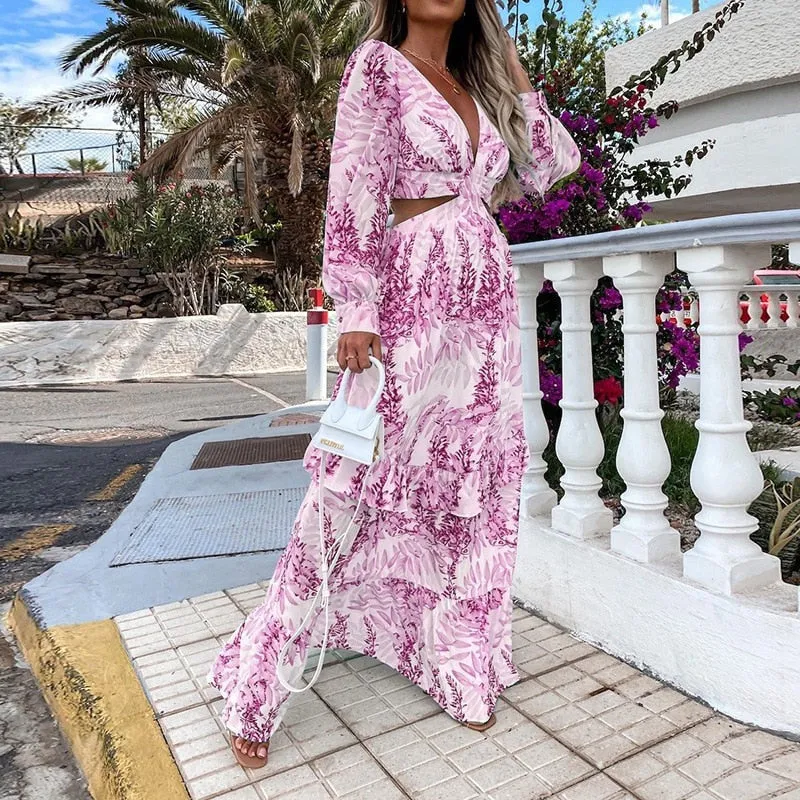 Robe Longue Fleurie Rose Manche longue